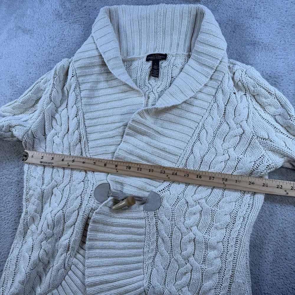 LRL Cardigan Womens Large Cream Cable Knit Shawl Collar Toggle Chunky Sweater - Picture 4 of 6
